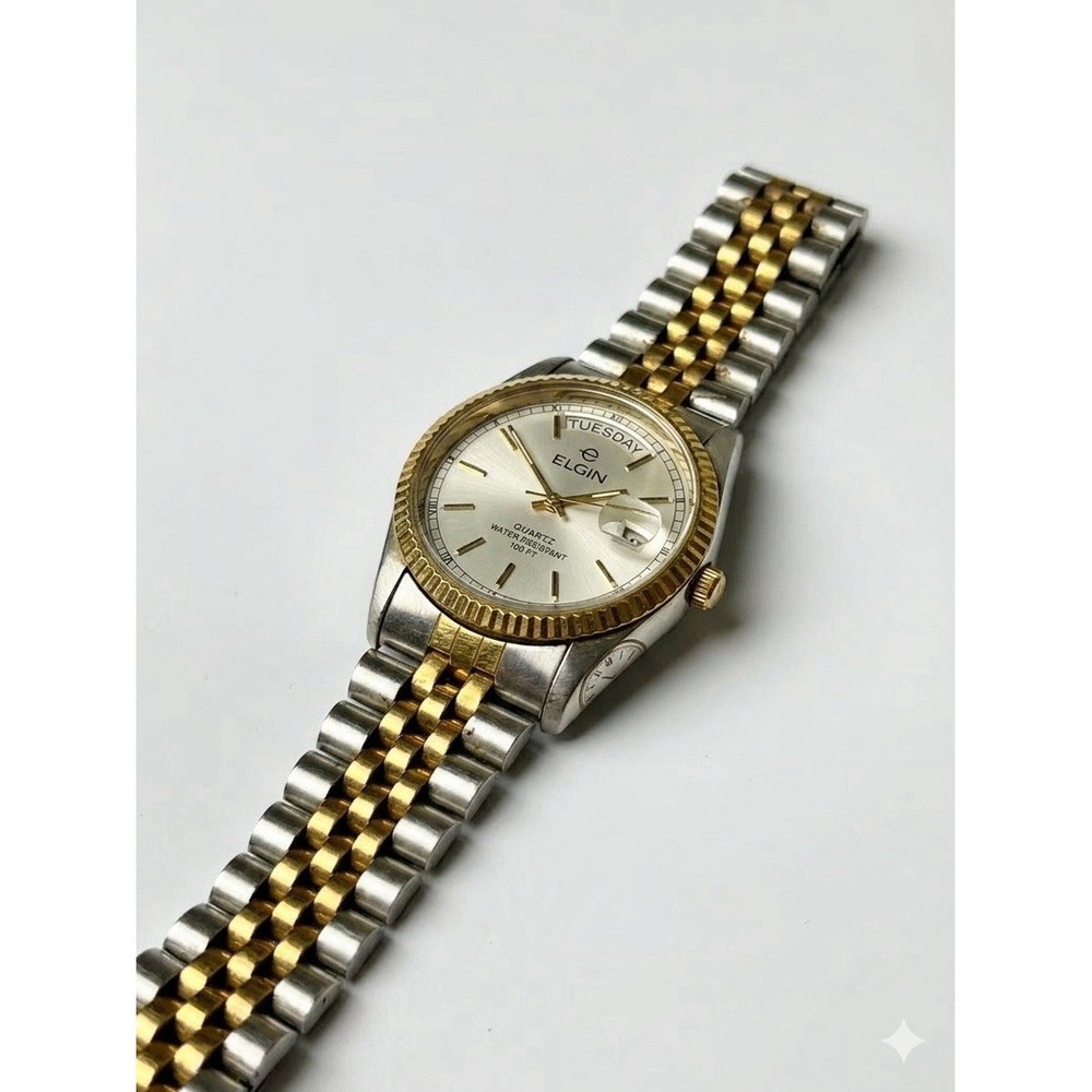 Vintage Elgin FC412 6M55 Two-Tone Day-Date Quartz Men's Watch 100ft